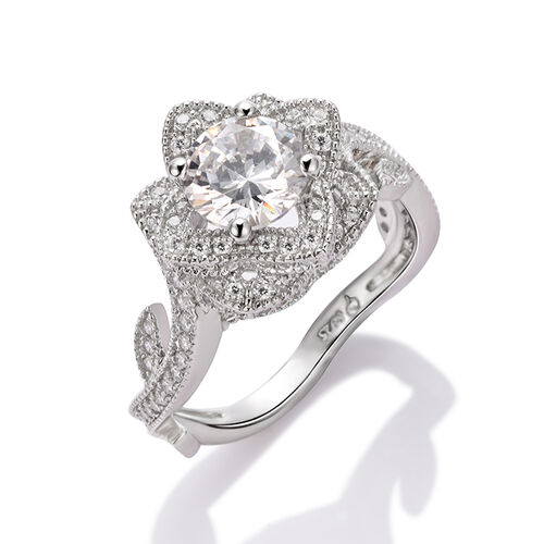 Jeulia Leaf Shank Round Cut Sterling Silver Ring