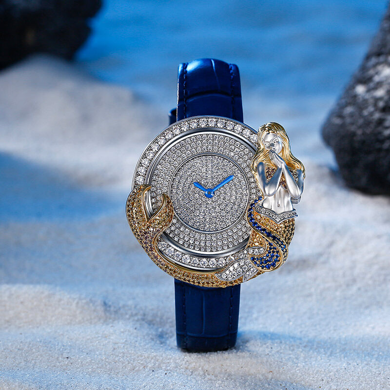 Jeulia Reloj de mujer de cuarzo y esfera azul con diseño de sirena