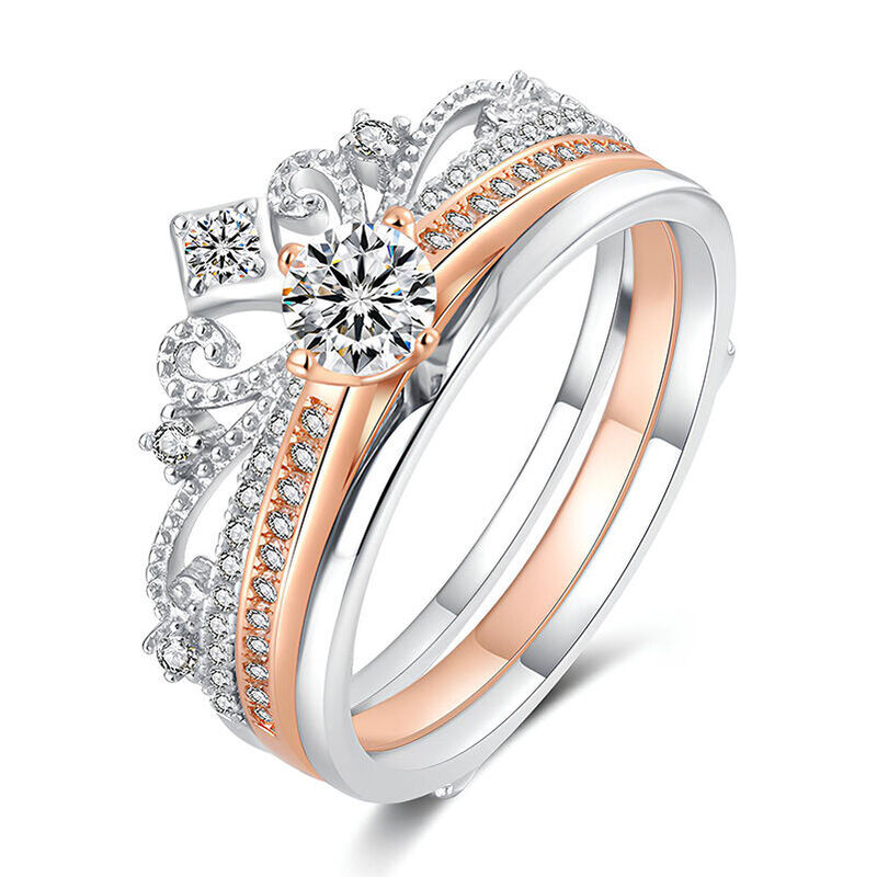 Jeulia Two Tone Fireworks Crown Eternity Wedding Ring Set