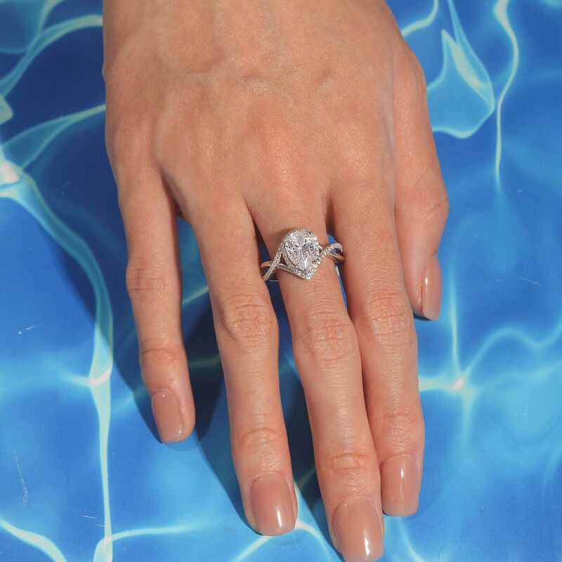 Jeulia Anello di Fidanzamento Taglio Pera con Alone Torsione in Argento Sterling