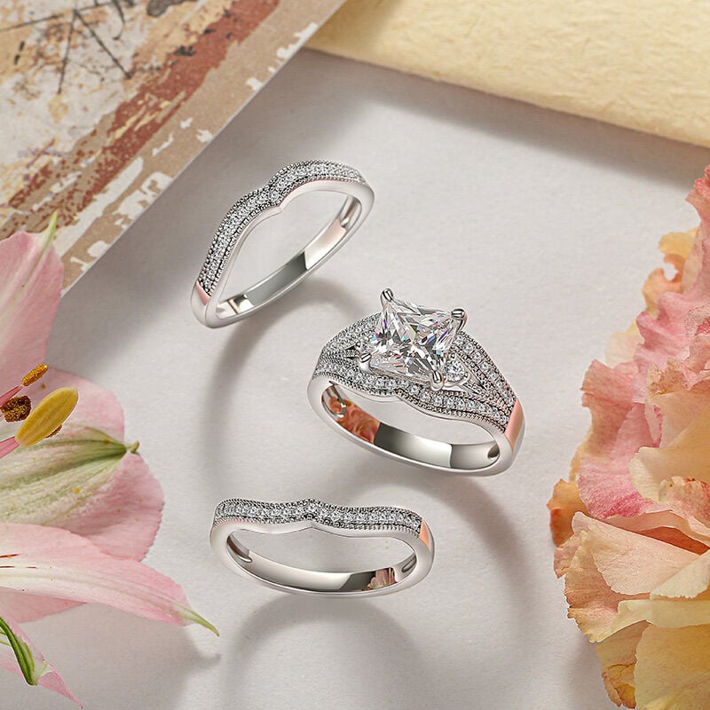 Jeulia Art Deco Princess Cut Bridal Ring Set 3PCS