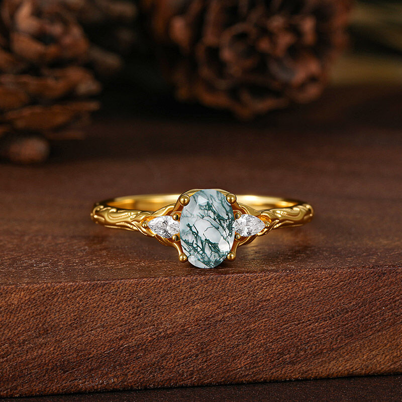 Jeulia Anillo de Boda Oro Ovalado Tres Piedras de Ágata Musgo