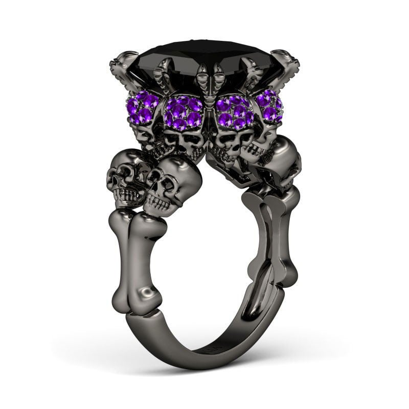 Jeulia Black Princess Cut Sterling Silver Four Skull Ring