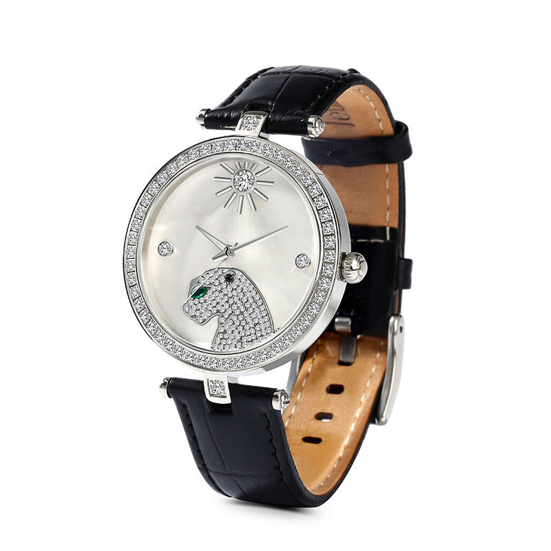 Jeulia "Wild and Free" Leopard Quartz Black Leather Watch with Silver-Tone Dial