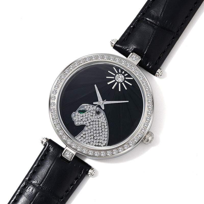 Jeulia Reloj de cuero negro de cuarzo leopardo con esfera negra