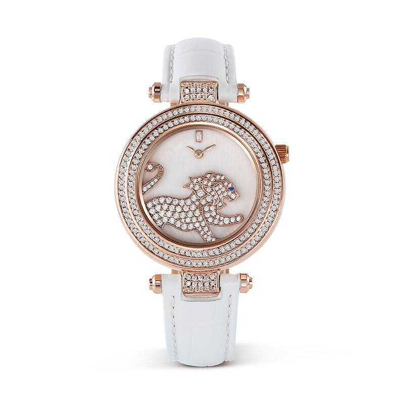 Jeulia "Wild Beauty" Lion Quartz White Leather Watch with Mother of Pearl Dial