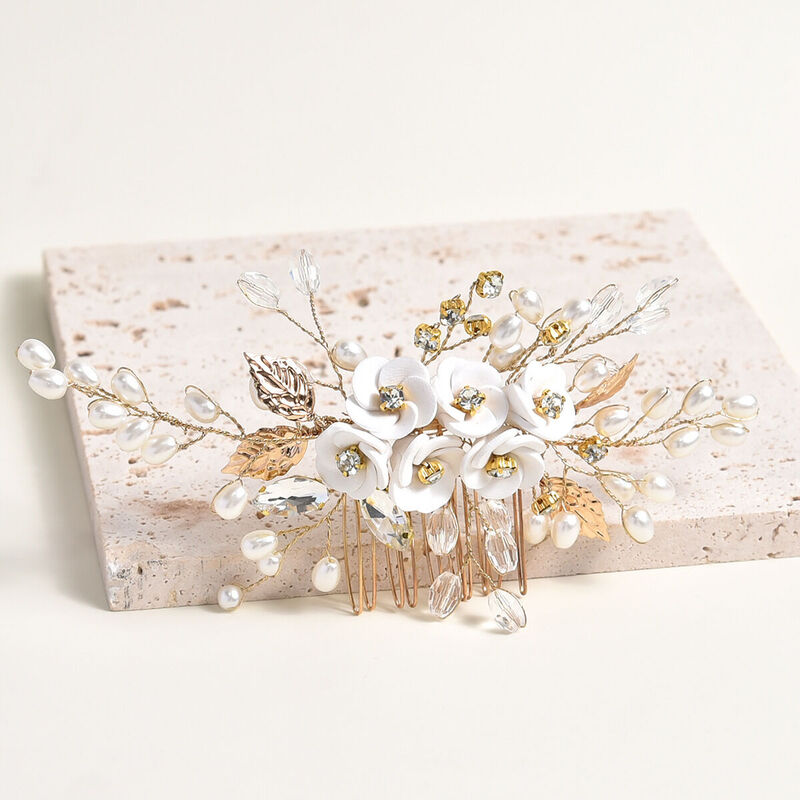 Jeulia White Flower Hair Comb Gold Tone Pearl Crystle Headpiece