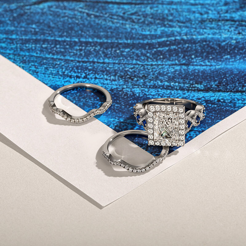 Jeulia Set Anello Nuziale Taglio Radiante con Alone in Argento Sterling 3 Pezzi