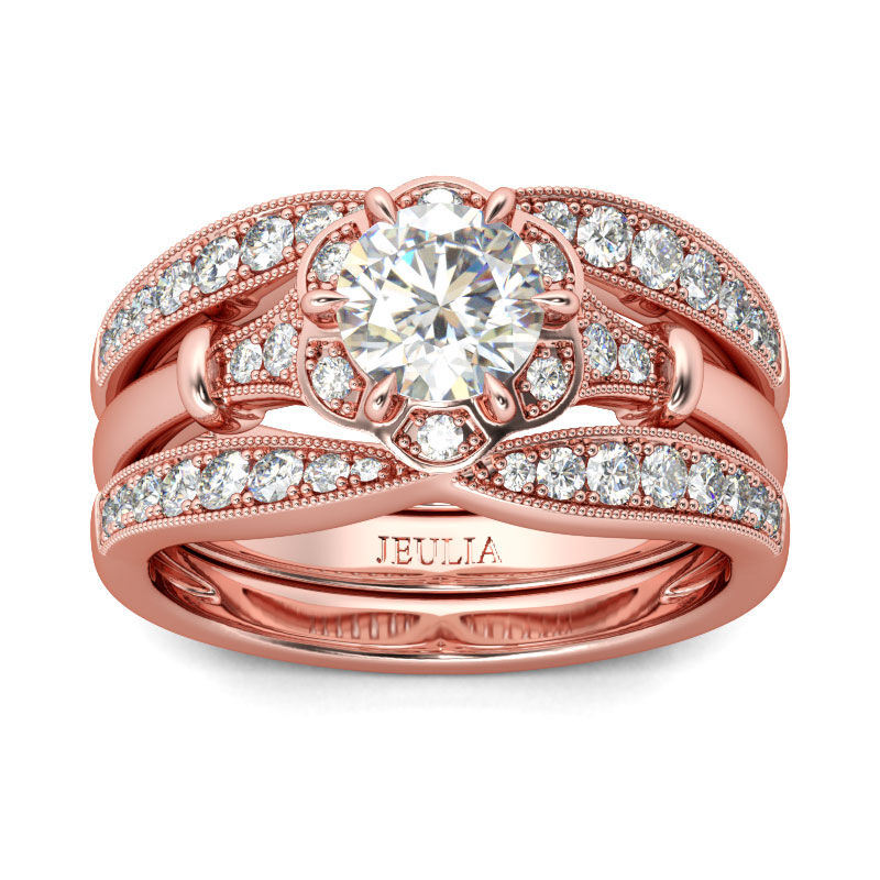 Jeulia Rose Gold Tone Floral Round Cut Sterling Silver Ring Set