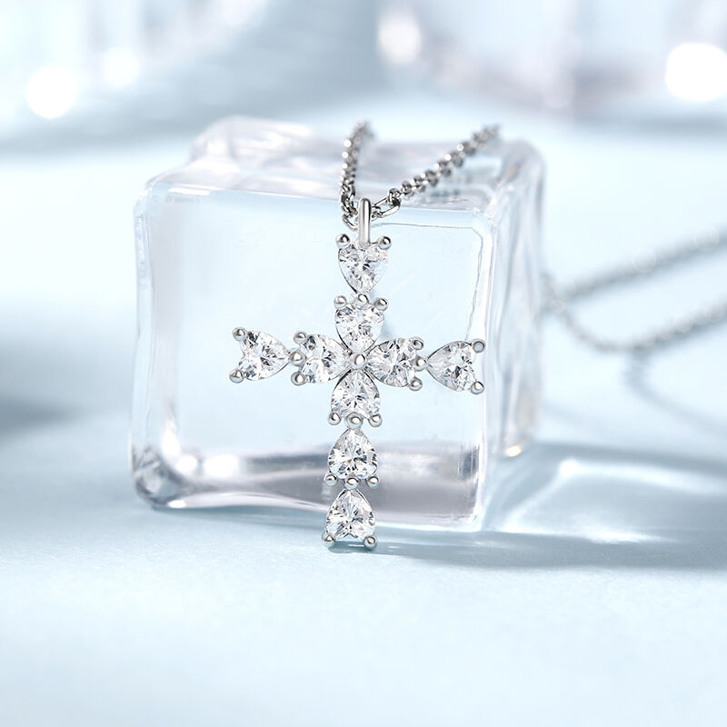 Jeulia Classic Cross Design Heart Cut Sterling Silver Necklace