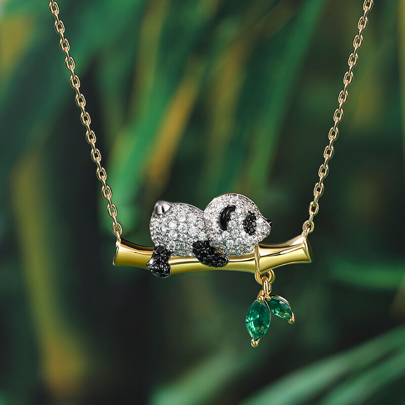 Jeulia " Fauler Mann" Panda mit Bambus Sterling Silber Halskette