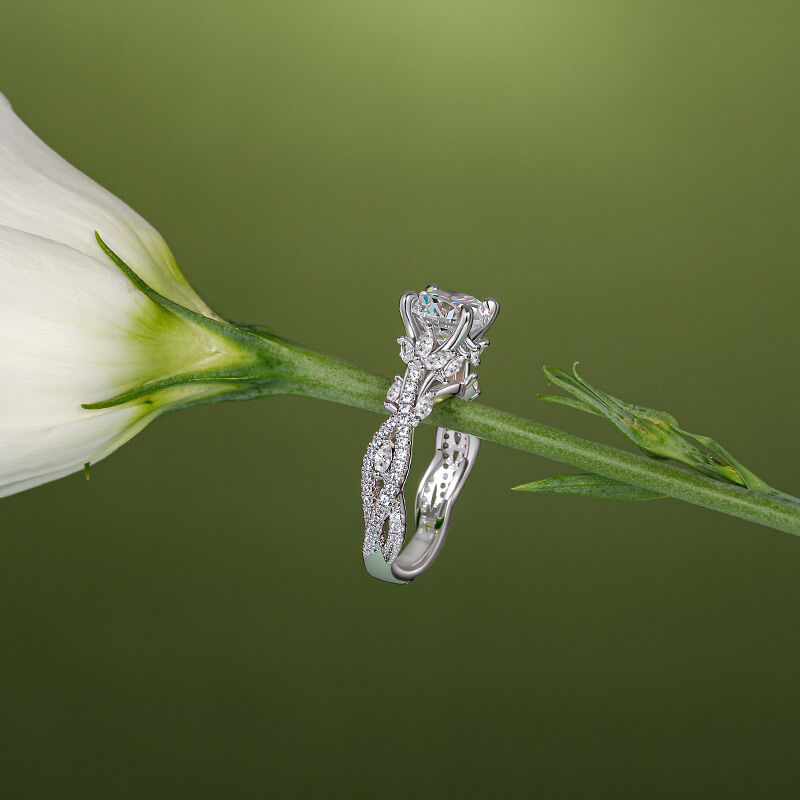 Jeulia Secret Garden Twisted Flower Leaf Round Engagement Ring