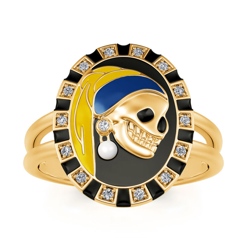 Jeulia "Skull with a Pearl Earring" Two Tone Sterling Silver Ring