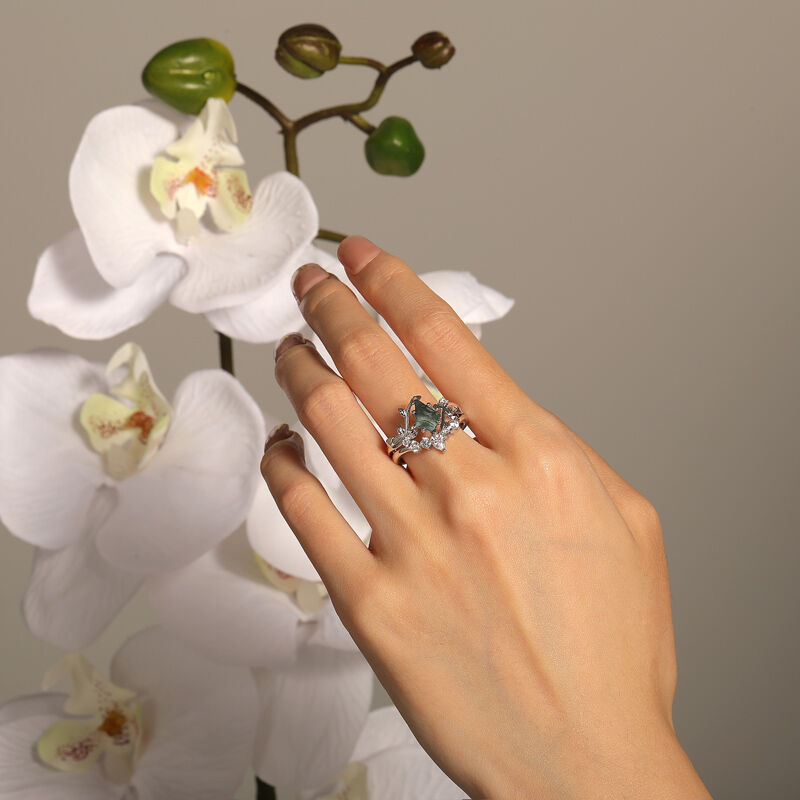 Jeulia Juego de Anillos de Ágata Musgo con Hoja Envolvente en Plata Esterlina