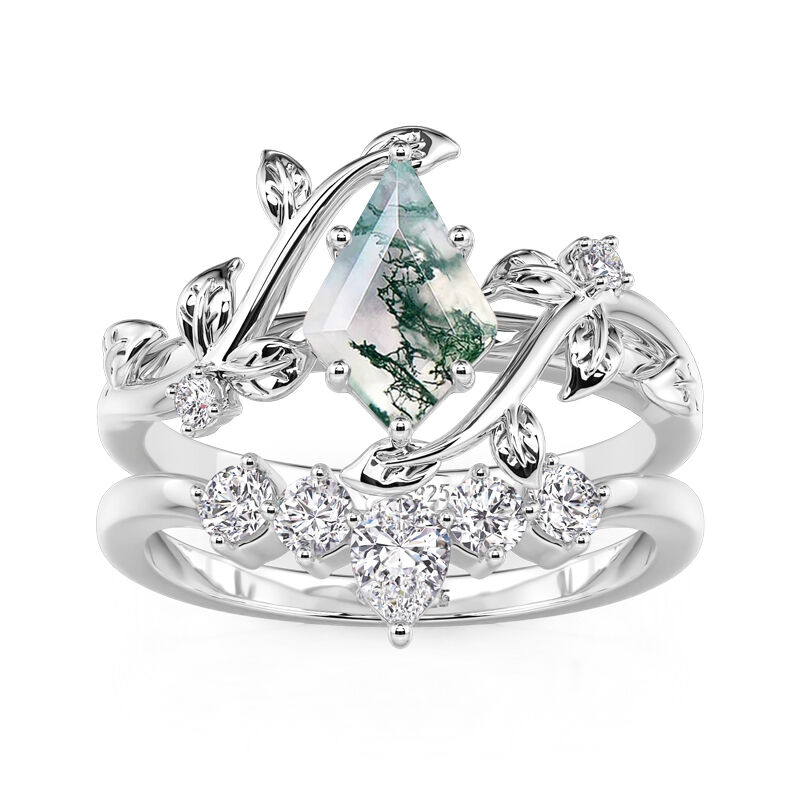Jeulia Juego de Anillos de Ágata Musgo con Hoja Envolvente en Plata Esterlina