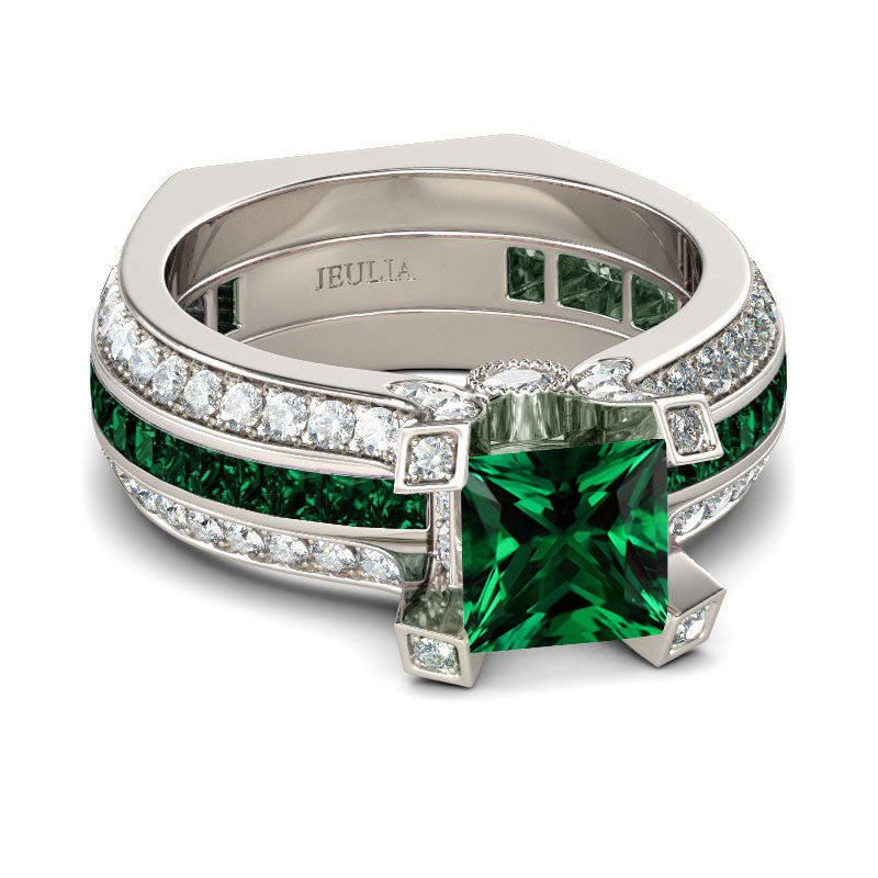 Jeulia Anelli Set Intercambiabile con Verde Smeraldo in Argento Sterling