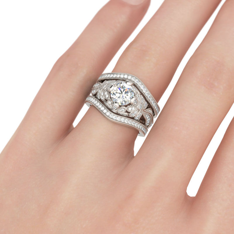 Jeulia Conjunto De Anillos Floral Milgrain De Talla Redonda En Plata De Ley