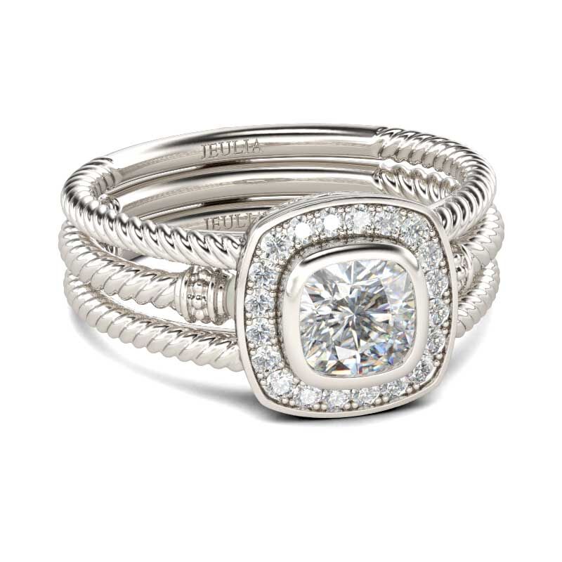 Jeulia Rope Halo Cushion Cut Interchangeable Sterling Silver Ring Set