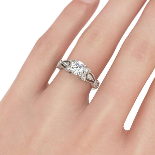 Jeulia Milgrain Leaf Round Cut Sterling Silver Ring