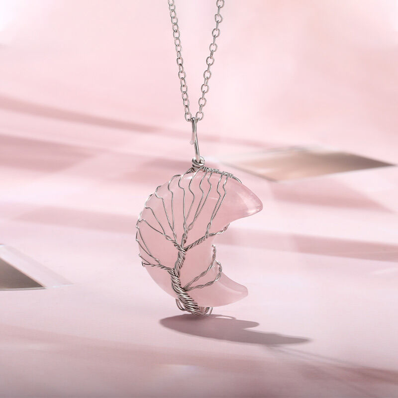 Jeulia "Énergie de l'amour" Collier Design Sinueux Croissant de Lune Naturel Quartz Rose Cristal