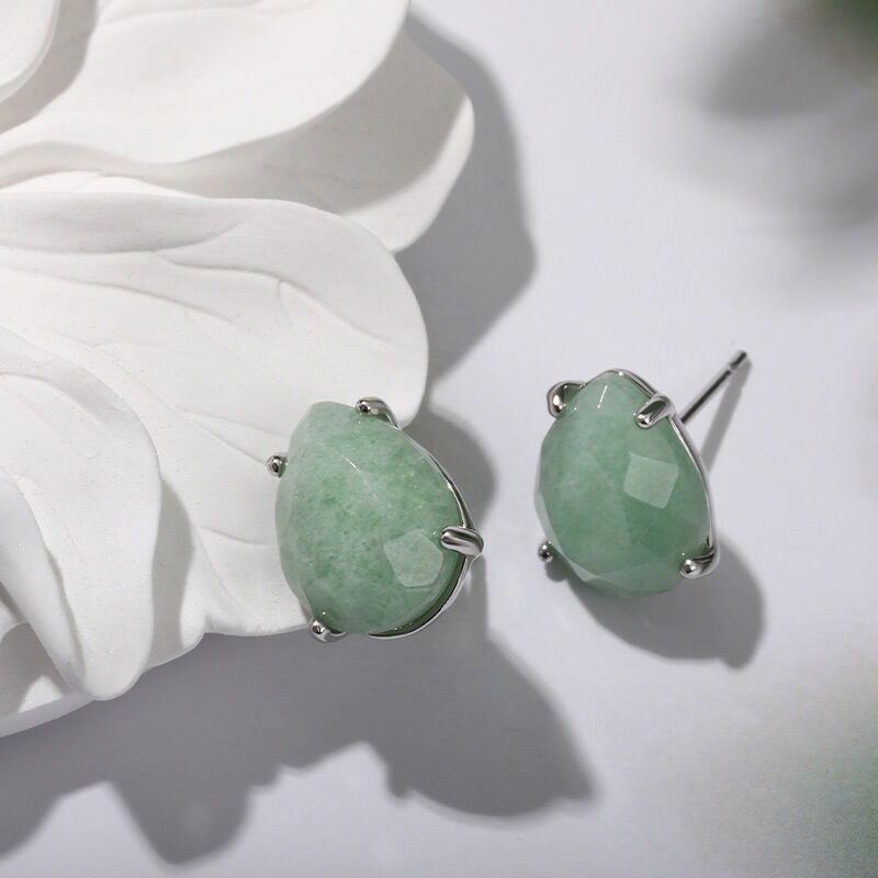 Jeulia "Soothing Energy" Pear Shaped Natural Green Aventurine Stud Earrings
