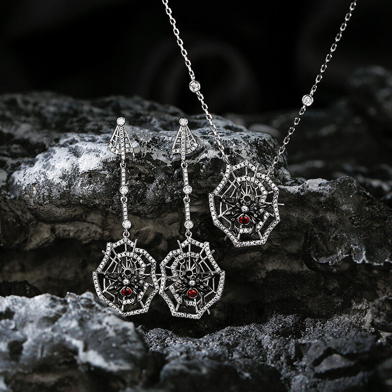 Jeulia "Web of Death" Spider Web Two Tone Sterling Silver Jewelry Set