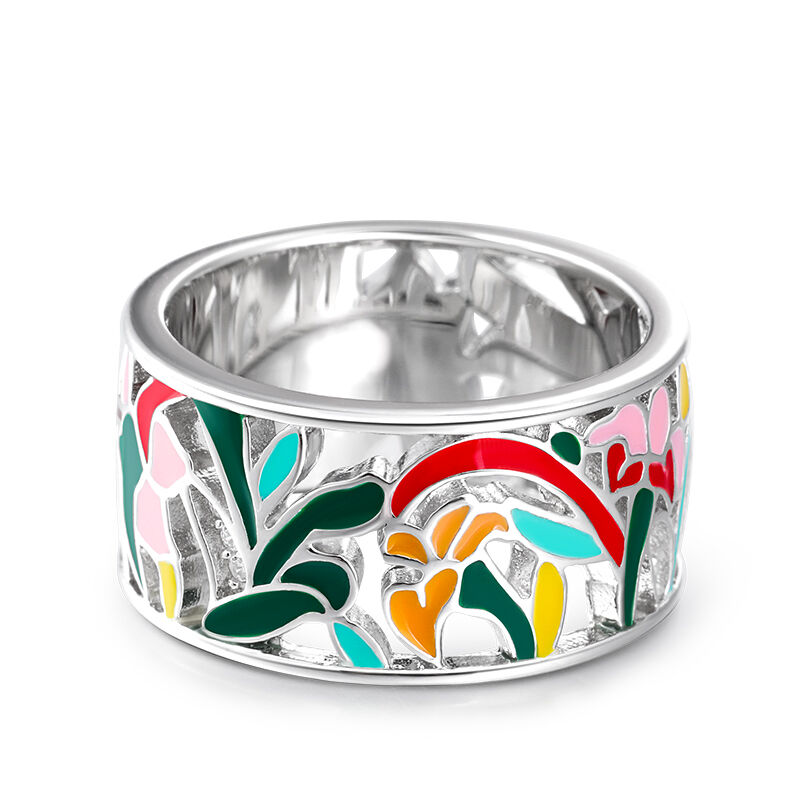 Jeulia "Floral Fantasy" Flower and Leaf Enamel Sterling Silver Women's Band