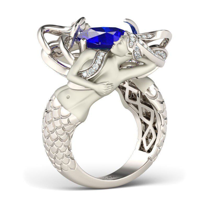 Jeulia Dark Blue Cushion Cut Sterling Silver Mermaid Ring