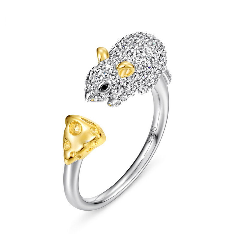 Jeulia Mouse Chasing Cheese Sterling Silver Adjustable Open Ring