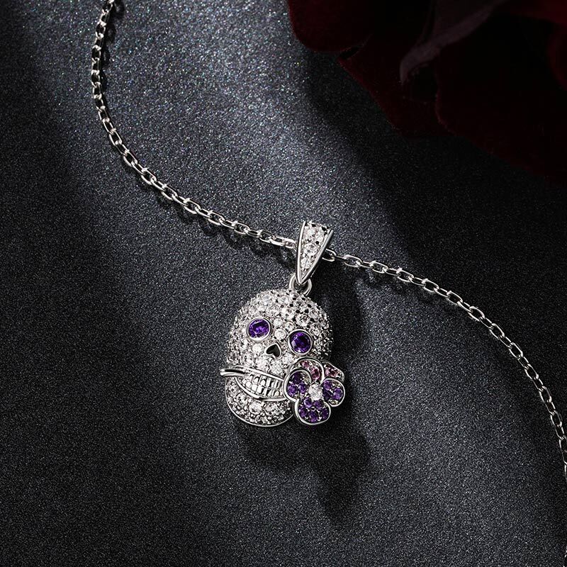 Jeulia "Forever Romance" Skull and Flower Sterling Silver Necklace