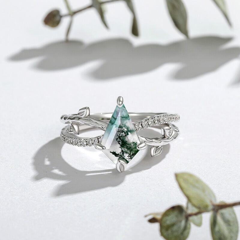 Jeulia Bague de Fiançailles en Agate Mousse Coupe Kite avec Bandeau Feuille