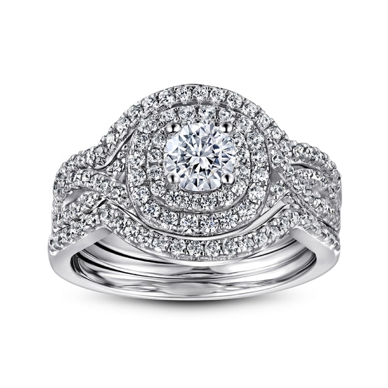 Jeulia 3PC Twist Halo Round Cut Sterling Silver Ring Set