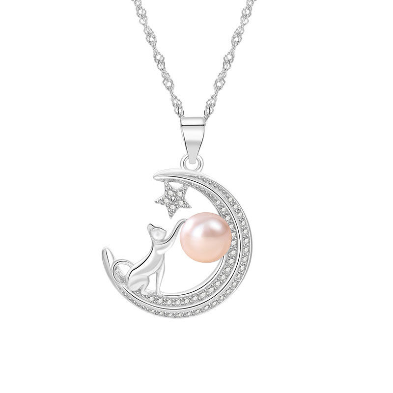 Jeulia Moon with Cat Sterling Silver Necklace