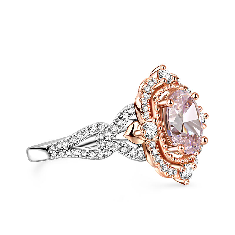 Jeulia "Princess Aura" Two Tone Halo Oval Cut Synthetic Morganite Sterling Silver Ring