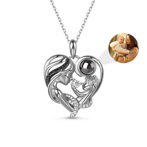 Jeulia "Warmest Protection" Mom & Baby Heart Personalized Photo Projection Sterling Silver Necklace