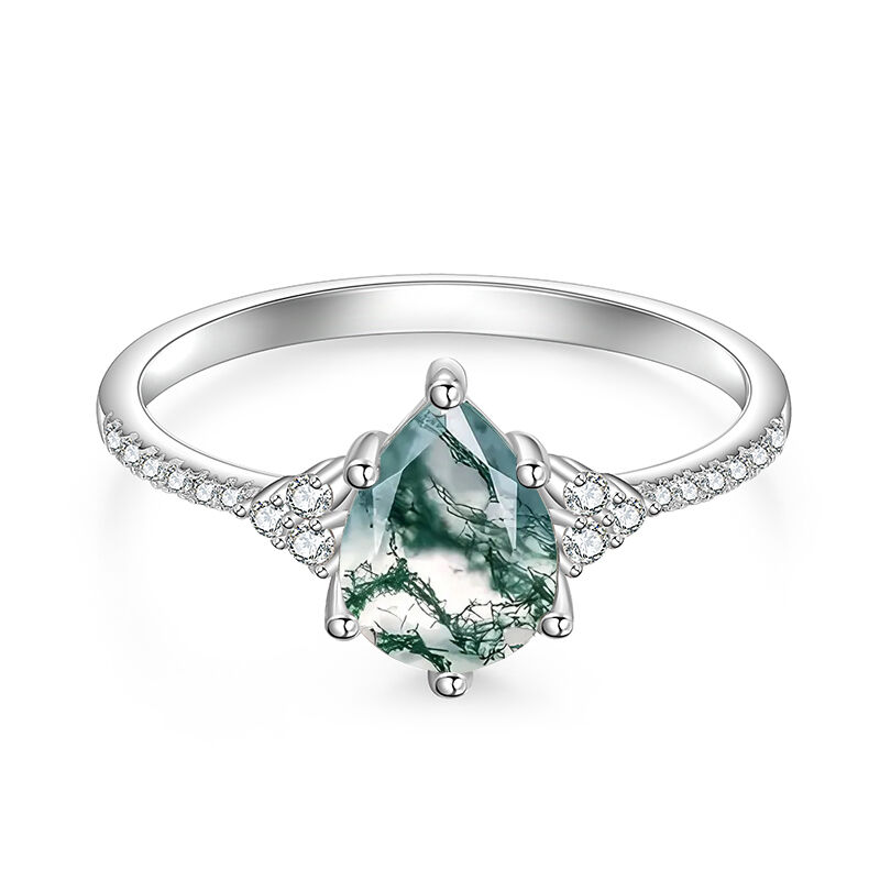 Jeulia Anello di Fidanzamento con Taglio di Pera di Agata Muschio Naturale Argento Sterling