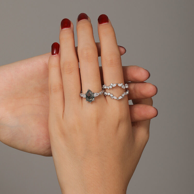 Jeulia Olivetta Juego de Anillos Corte Pera de Ágata Musgo