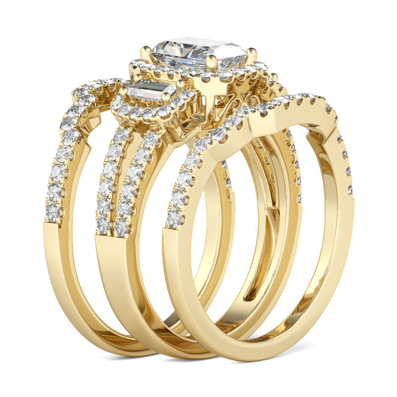 Jeulia 3PC Halo Gold Tone Radiant Cut Sterling Silver Ring Set