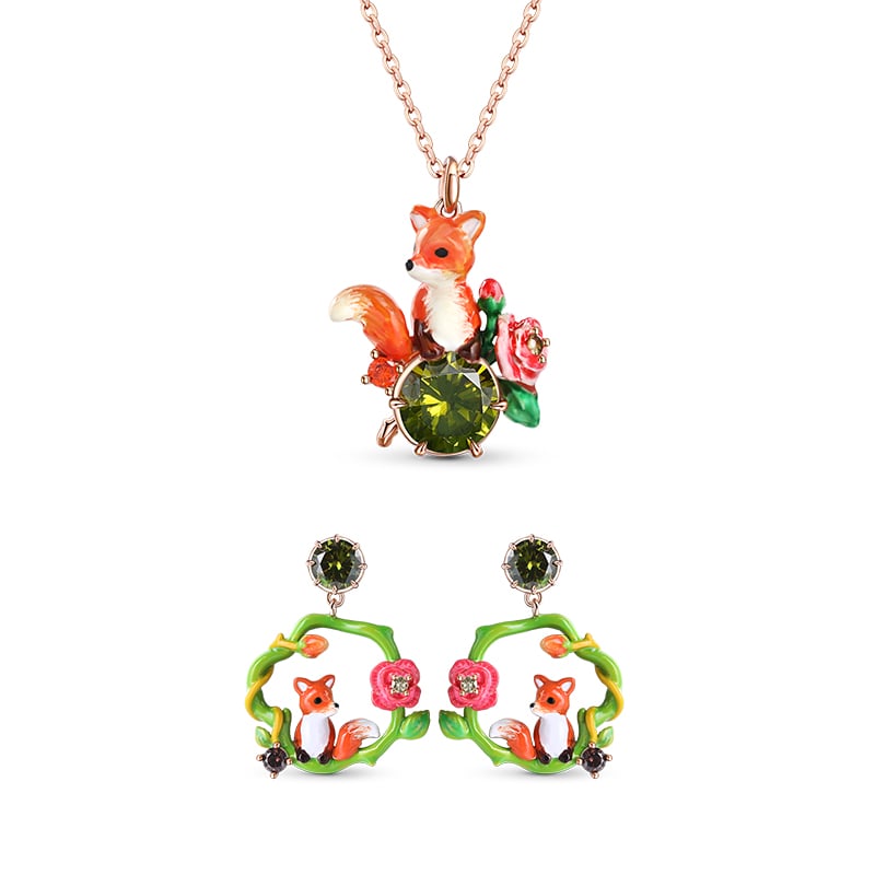 Jeulia "Love-in-Idleness" Fox with Flower Enamel Sterling Silver Jewelry Set
