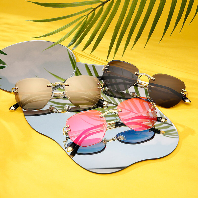 Jeulia "Make A Splash" Geometric Brown Mirror Rimless Women's Sunglasses