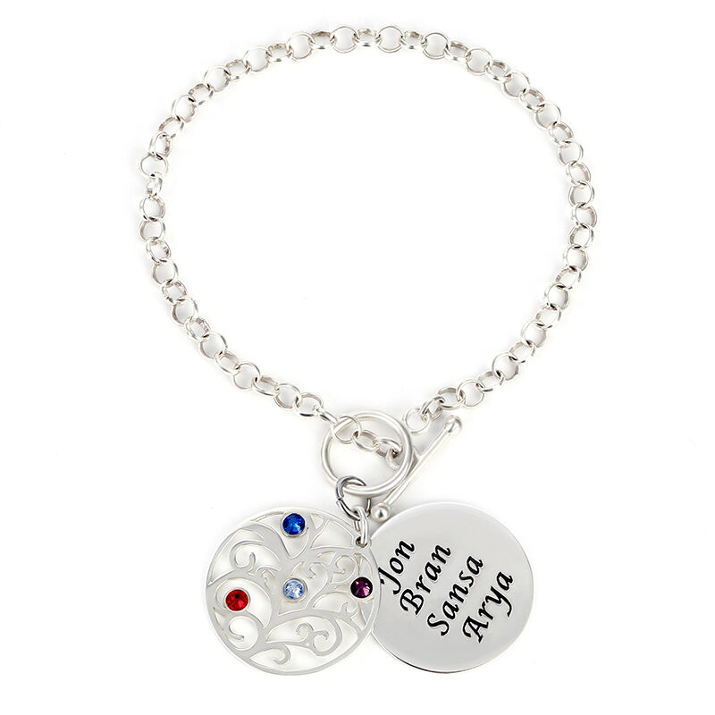 Jeulia Family Tree Engraved Bracelet with Birthstones Sterling Silver