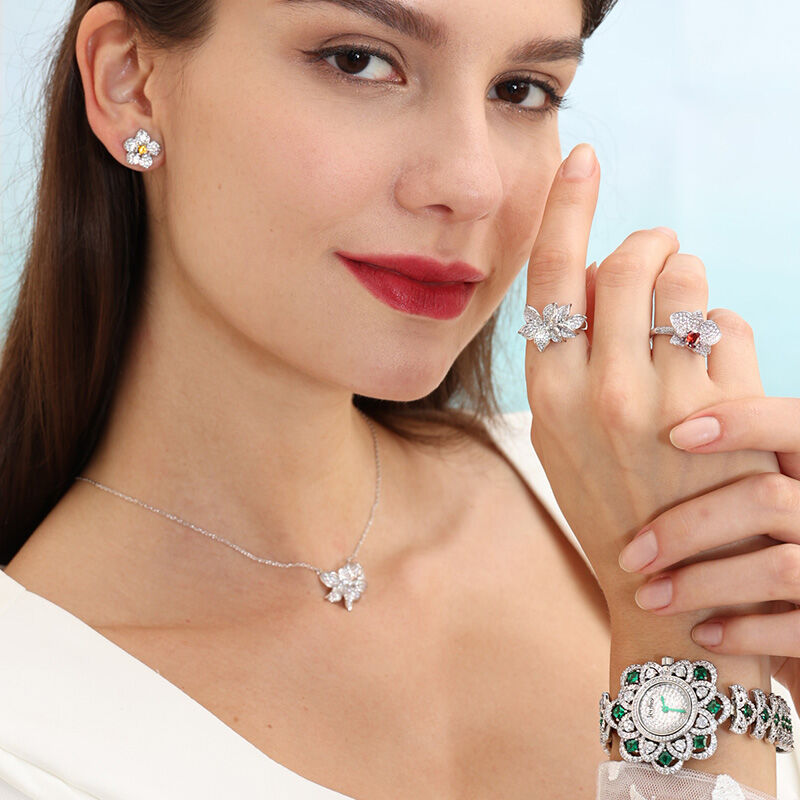Jeulia "Extreme Brilliance" Floral Design Round Case Quartz Women's Wristwatch