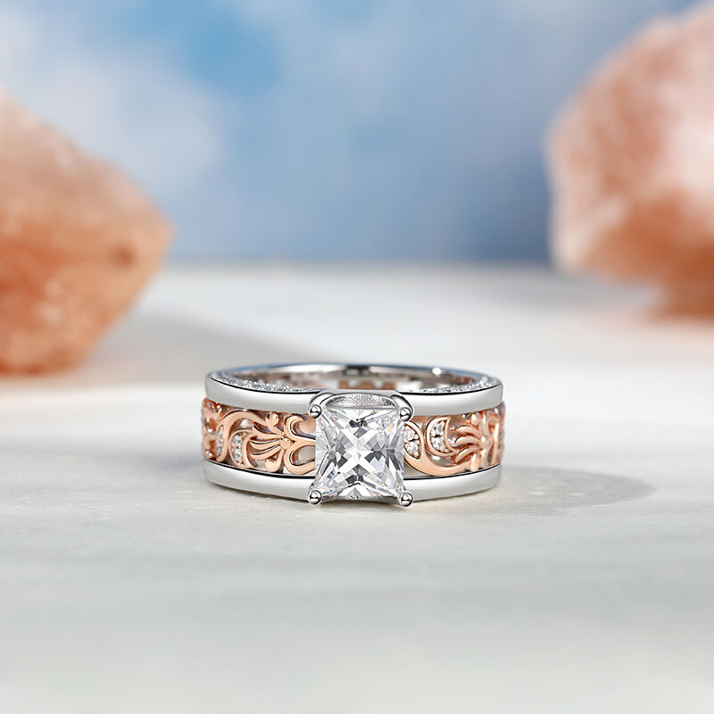 Jeulia Two Tone Princess Cut Floral and Leaf Carved Unique Sterling Silver Ring