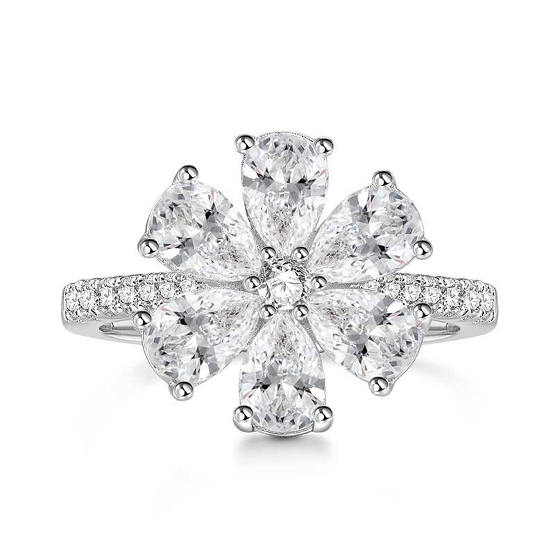 Jeulia "Lucky Petal" Pear Cut Six-Petal Flower Sterling Silver Ring