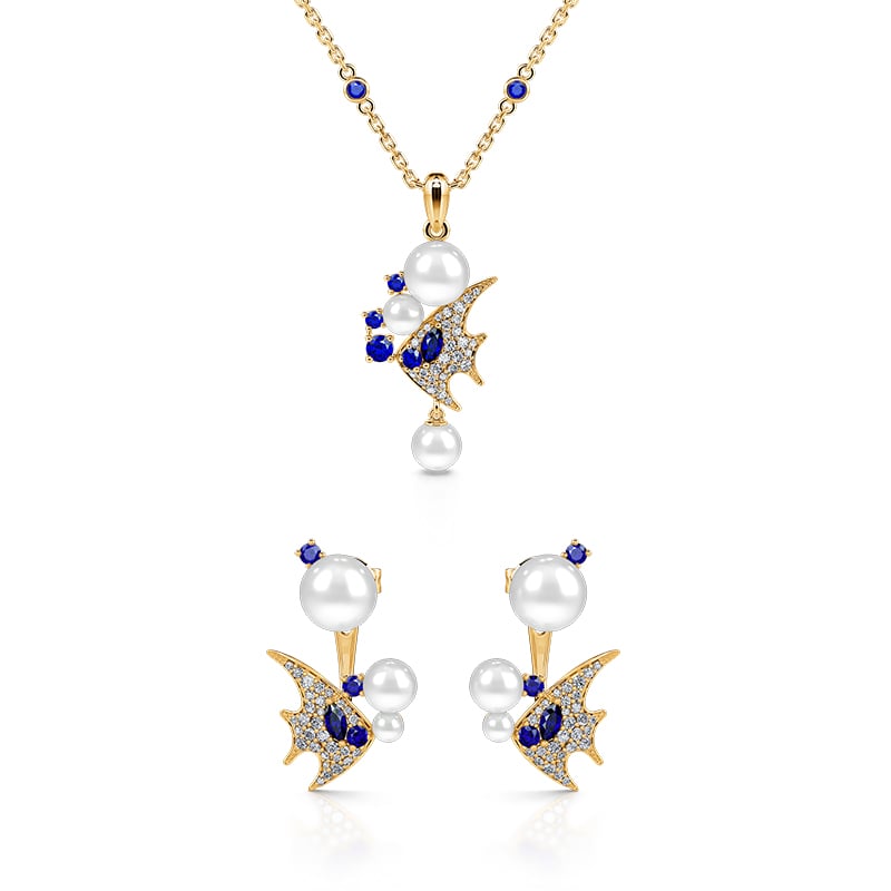 Jeulia "Adorable Tropical Fish" Cultured Pearl Sterling Silver Jewelry Set