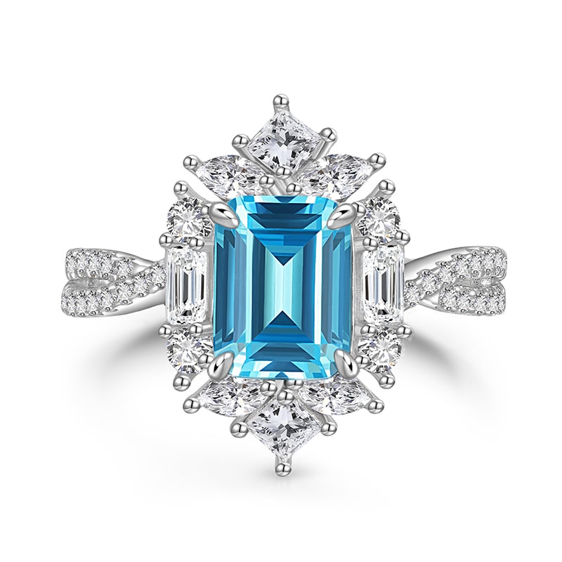 Jeulia Twist Halo Emerald Cut Engagement Ring Sterling Silver