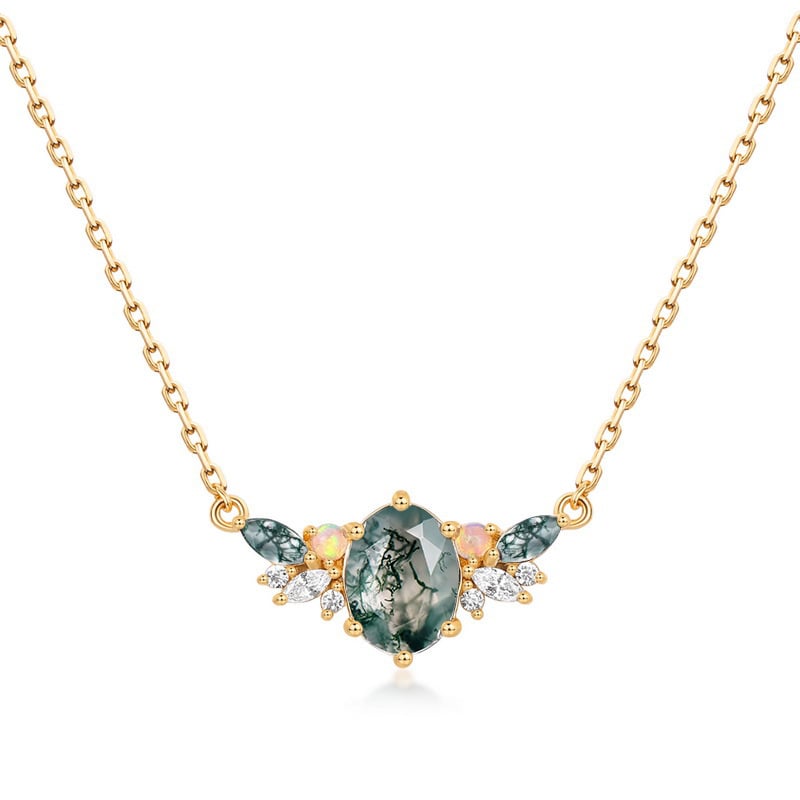 Jeulia Vintage Moss Agate Opal Necklace Sterling Silver
