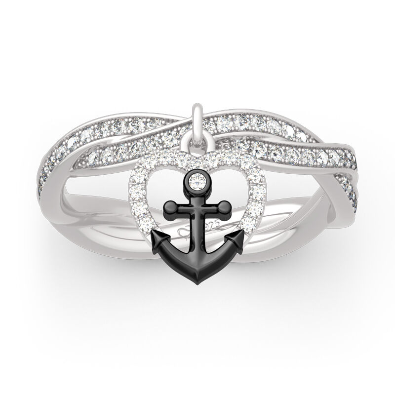 Jeulia "Navy Anchor & Heart" Twist Design Sterling Silver Ring
