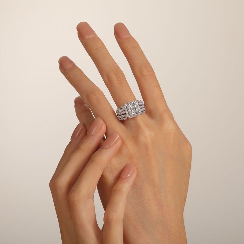 Jeulia Flower Leaf Halo Square Asscher Cut Engagement Ring Set