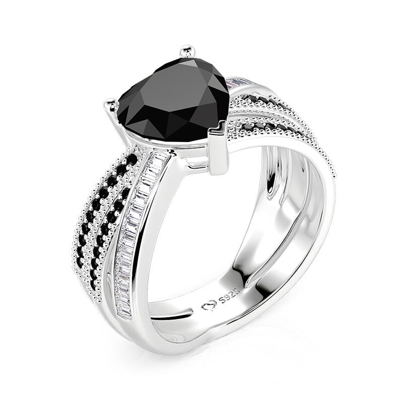 Jeulia Anel Coração Preto e Branco Cruzado em Prata Sterling